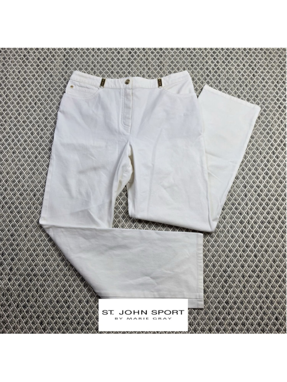 St John Sport Marie Gray White Straight Leg Pants Women’s 6 Stretch Cotton